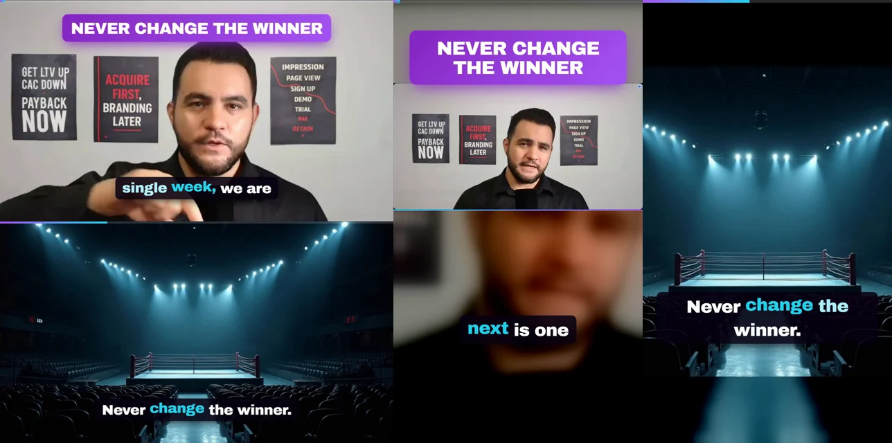 Three frames checked after the fix: the purple hook card reading Never change the winner above the speaker in both formats, and the boxing arena shot with the caption Never change the winner