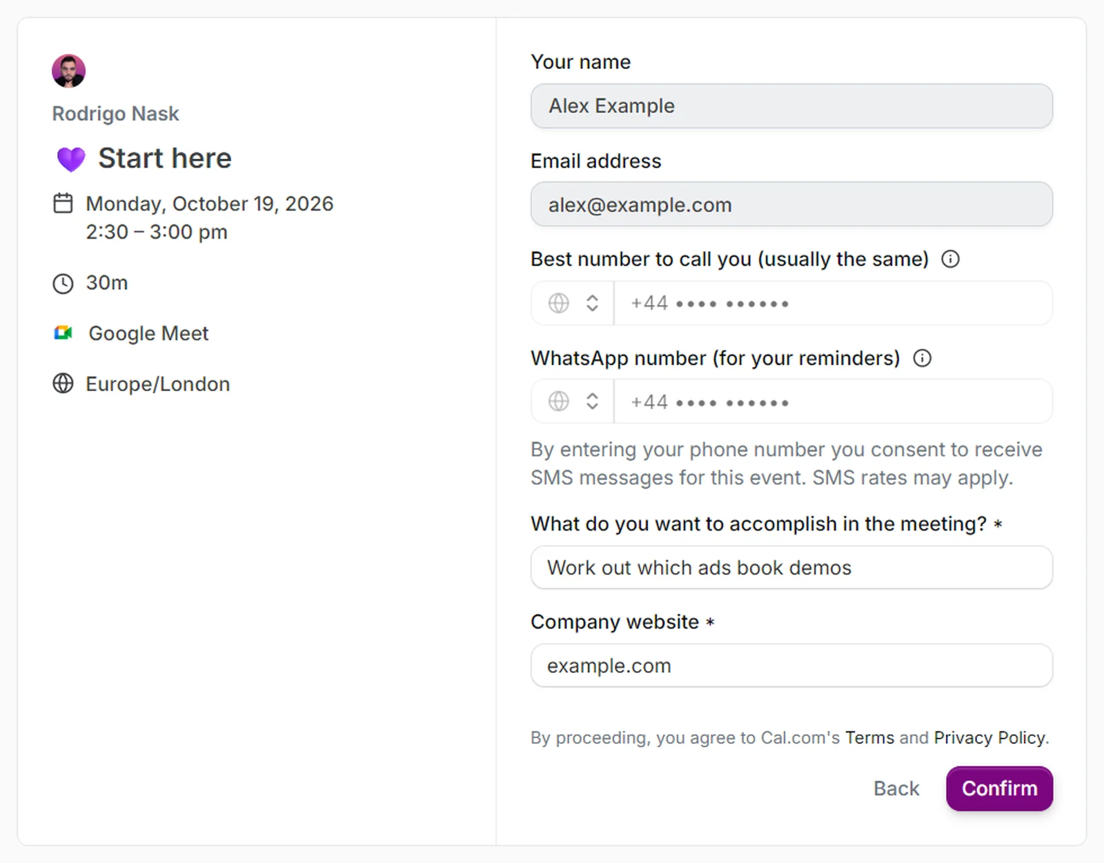 A cal.com booking form for a 30 minute event called Start here on Google Meet. Name and email arrive prefilled and grayed out, two phone fields read best number to call you and WhatsApp number for your reminders, and the only two open questions are what do you want to accomplish in the meeting and company website.