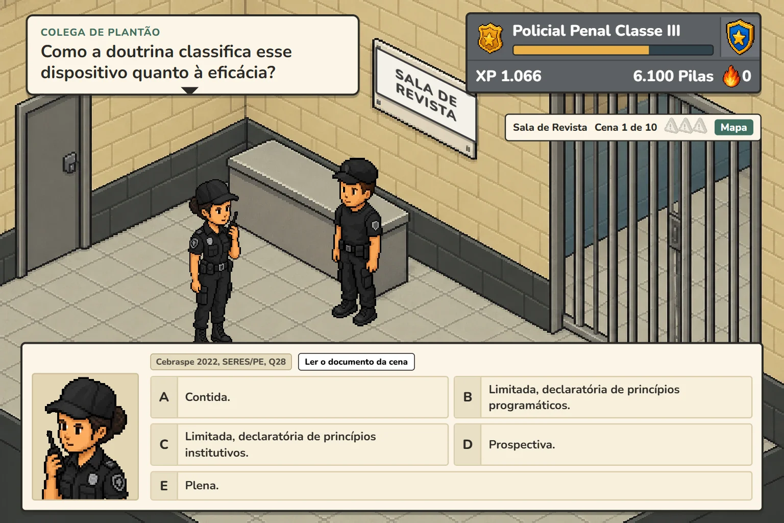 The finished game screen of the same search room, with a real exam question, five clean answers and the exam source tag