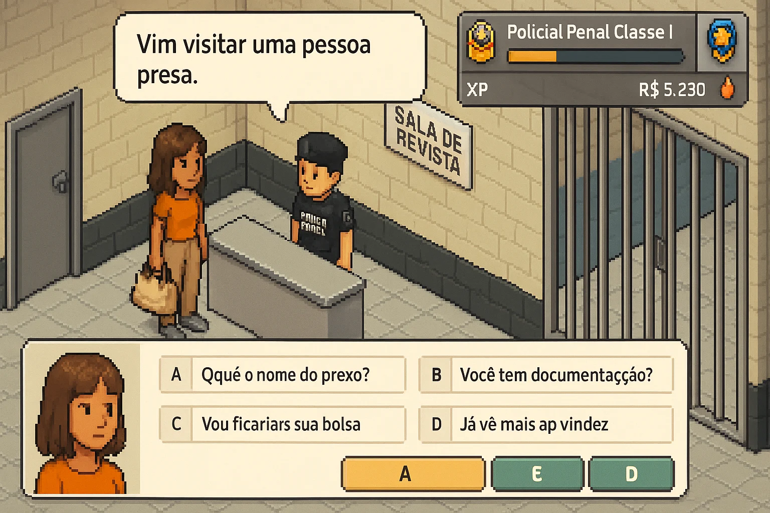Generated pixel art mockup of a prison search room with a visitor, a guard and four garbled multiple choice answers