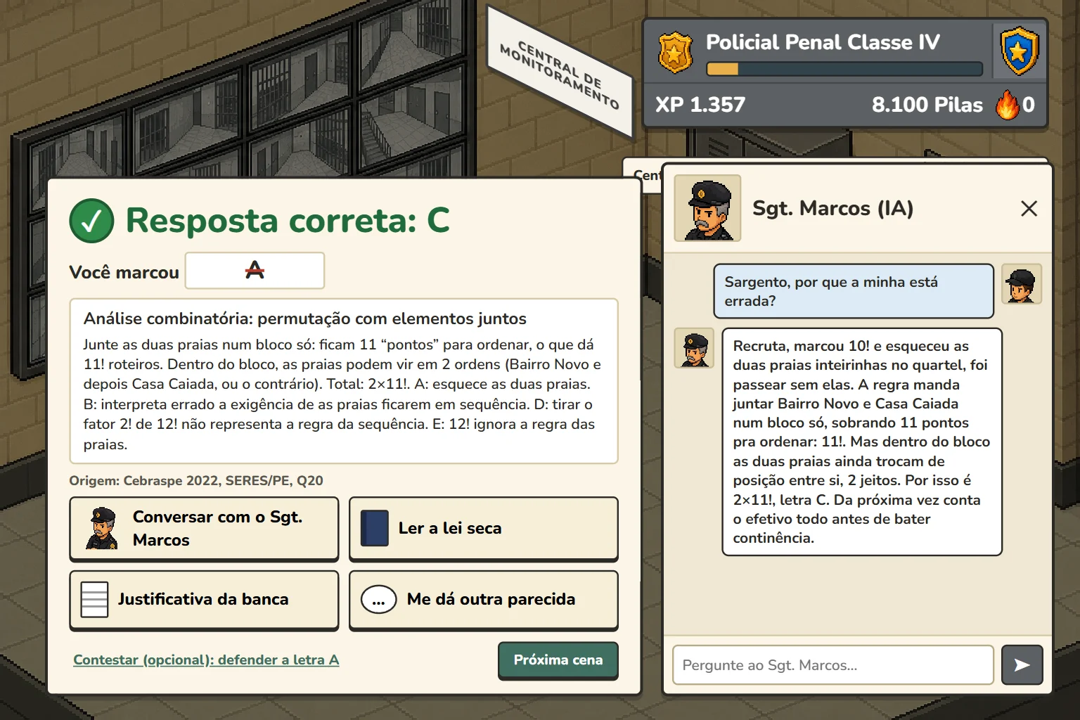 Game screen with a wrong-answer card showing the correct letter C and an explanation, next to a chat panel where Sergeant Marcos explains the mistake in a mocking tone
