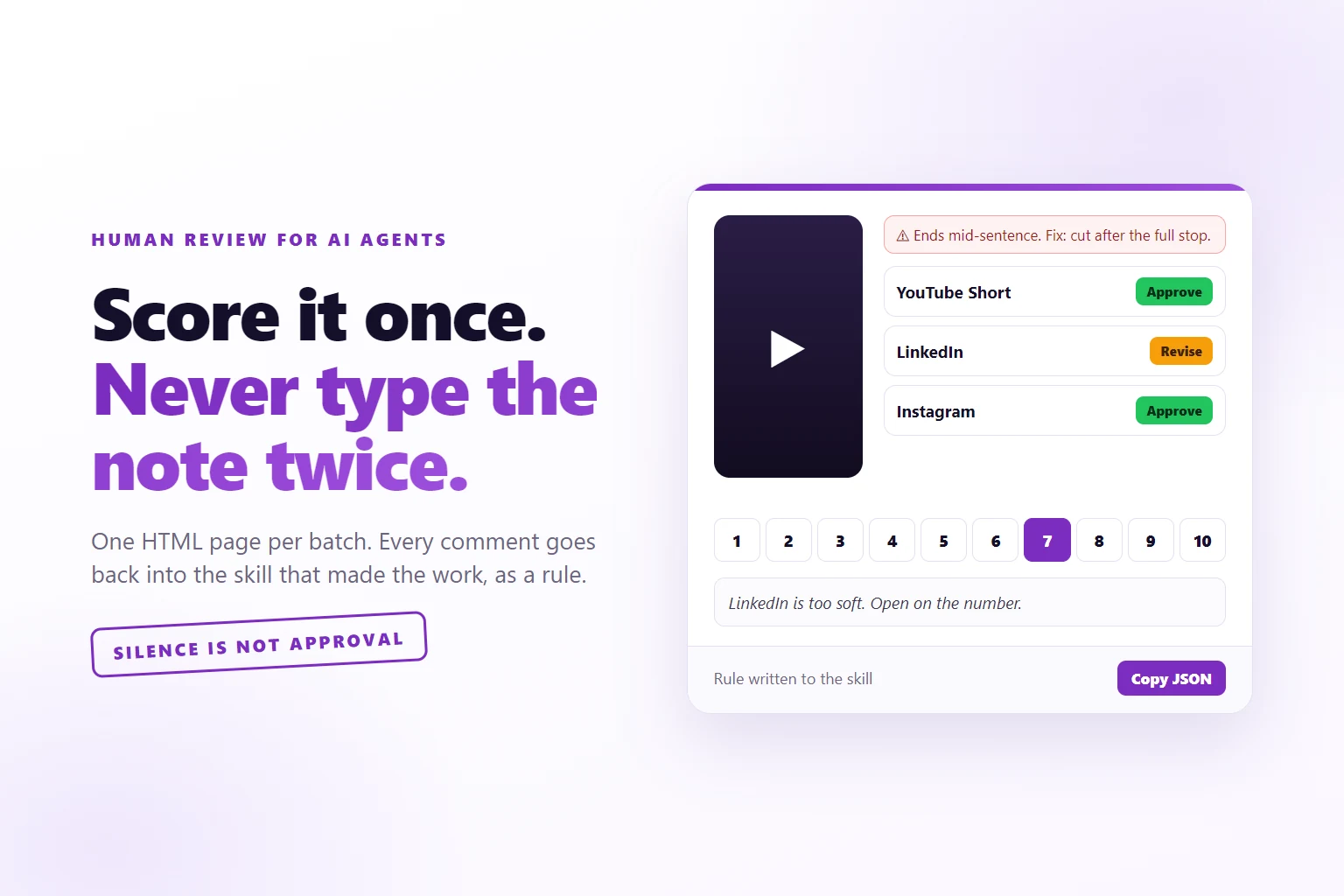 A review card with a video tile, posts marked Approve and Revise, score buttons from 1 to 10 with 7 selected and a comment, beside the headline Score it once. Never type the note twice.