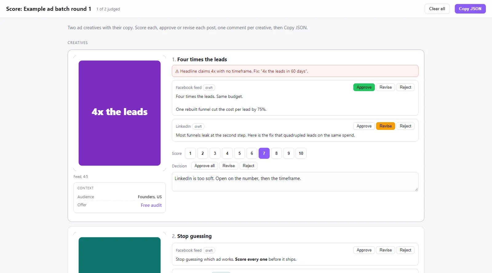A light score page showing an ad creative on the left, a red flag with its proposed fix, a Facebook and a LinkedIn post each with Approve, Revise and Reject buttons, a score of 7 selected and one comment for the item