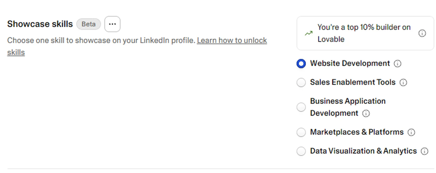 Lovable account settings showing a badge that reads You're a top 10% builder on Lovable, with the Website Development skill selected