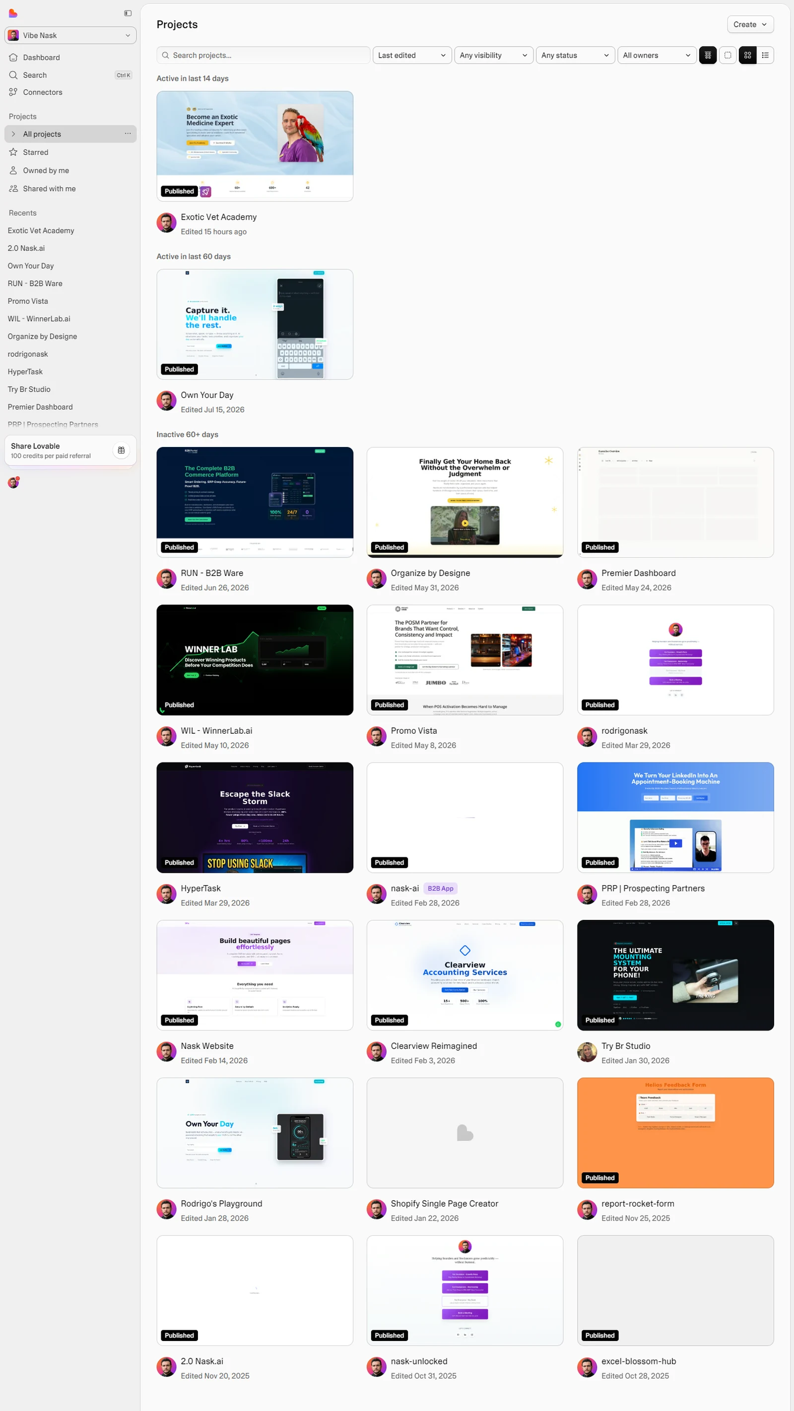 The Lovable projects dashboard showing twenty published projects with dates from October 2025 to September 2026, including client sites and the first versions of the Nask AI product