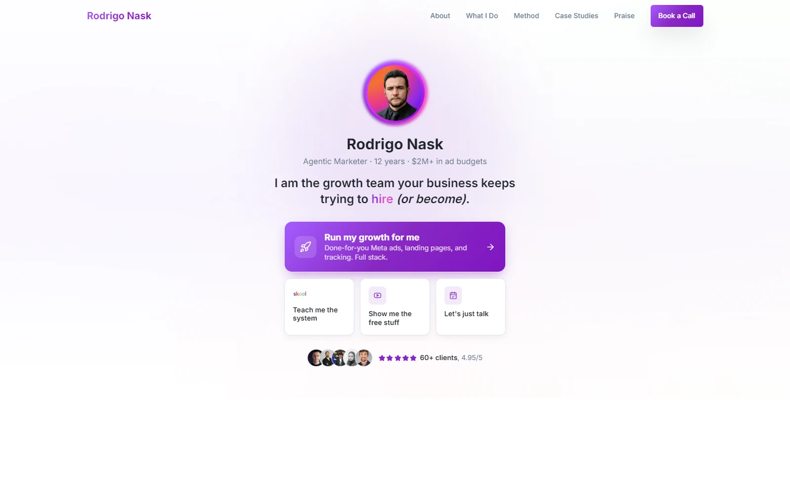 The rodrigonask.com homepage: a purple gradient avatar, the headline I am the growth team your business keeps trying to hire, and three option cards under a primary call to action
