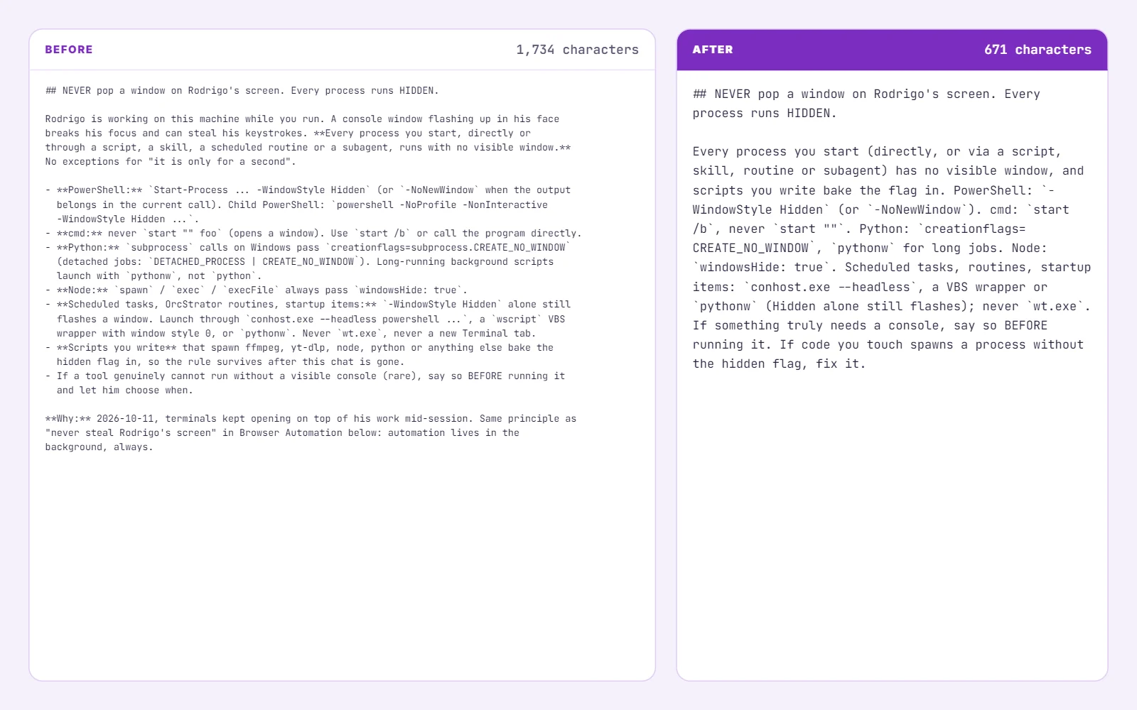 Side by side comparison of one CLAUDE.md section before and after the trim: a long rule about running every process without a visible window, with a bullet per language and a story on the left, and a short version keeping the same instruction for each language on the right