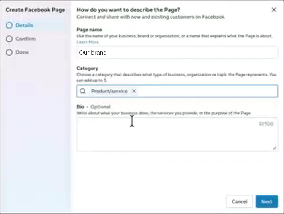 The Create Facebook Page dialog inside a business portfolio, on the Details step. The Page name field holds a placeholder brand name, the Category field holds one chip reading Product/service, and the optional Bio is empty. Cancel and Next buttons sit at the bottom right.