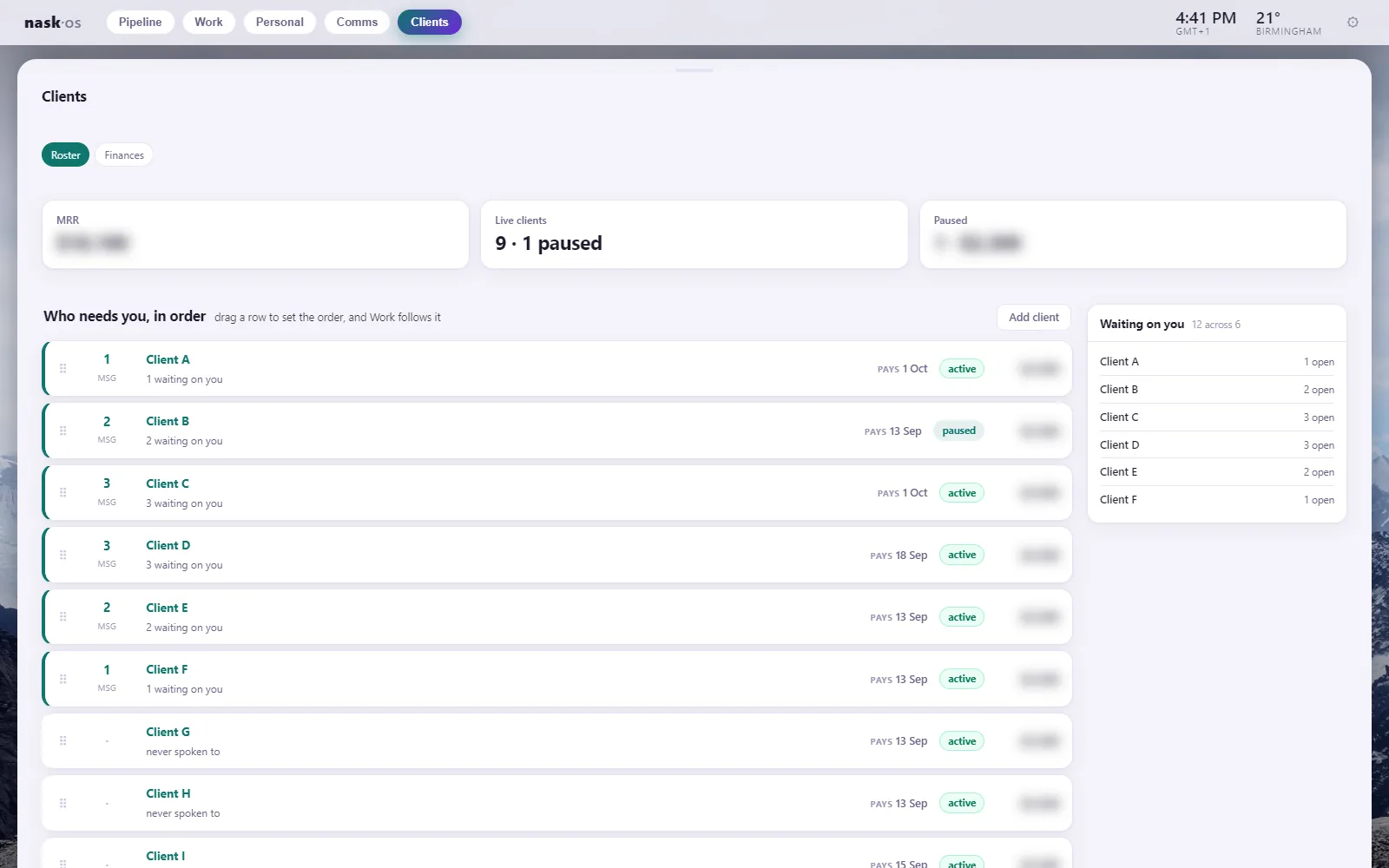 Nask OS, Clients mode: a roster of clients ordered by who needs attention, each row showing open messages, next payment date, status and fee, with a Waiting on you panel on the right