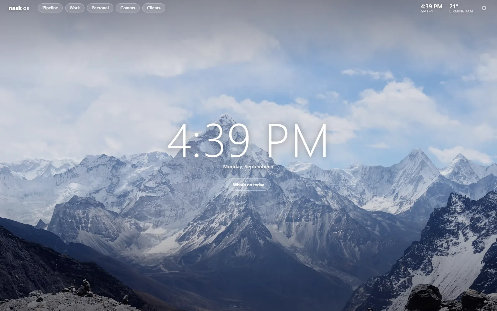 Nask OS new tab: a mountain photo, a large clock reading 4:39 PM, the date, and five mode buttons at the top: Pipeline, Work, Personal, Comms, Clients