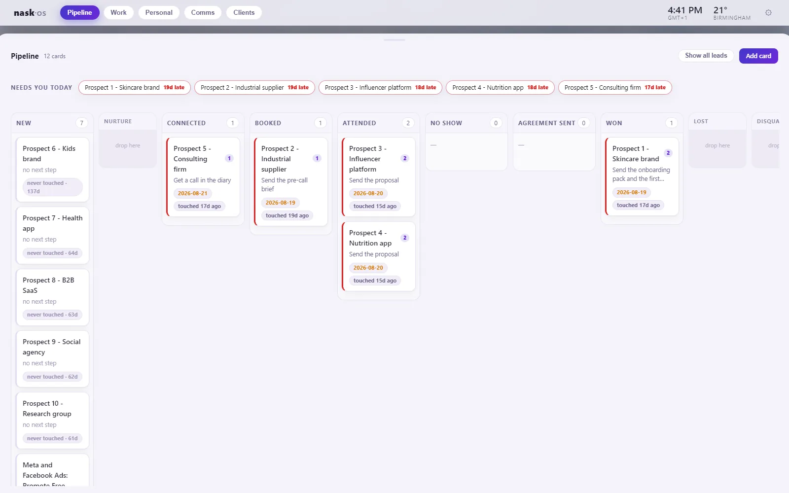 Nask OS, Pipeline mode: a kanban of prospects from New to Won, and a strip at the top listing the deals that need attention today, each with how many days late it is