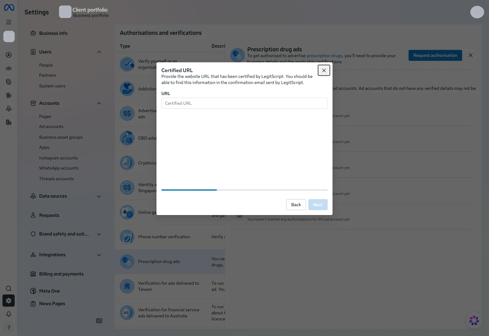 The Certified URL step of Meta's prescription drug authorisation form. A single empty text field labelled URL with the placeholder Certified URL, above Back and Next buttons and a progress bar at roughly two thirds. No attachment field or upload control appears anywhere on the screen. Portfolio name, account names and the profile photo are redacted.
