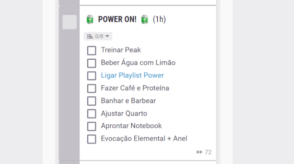 Exemplo de Lista no Habitica usando Etiquetas: Power On.